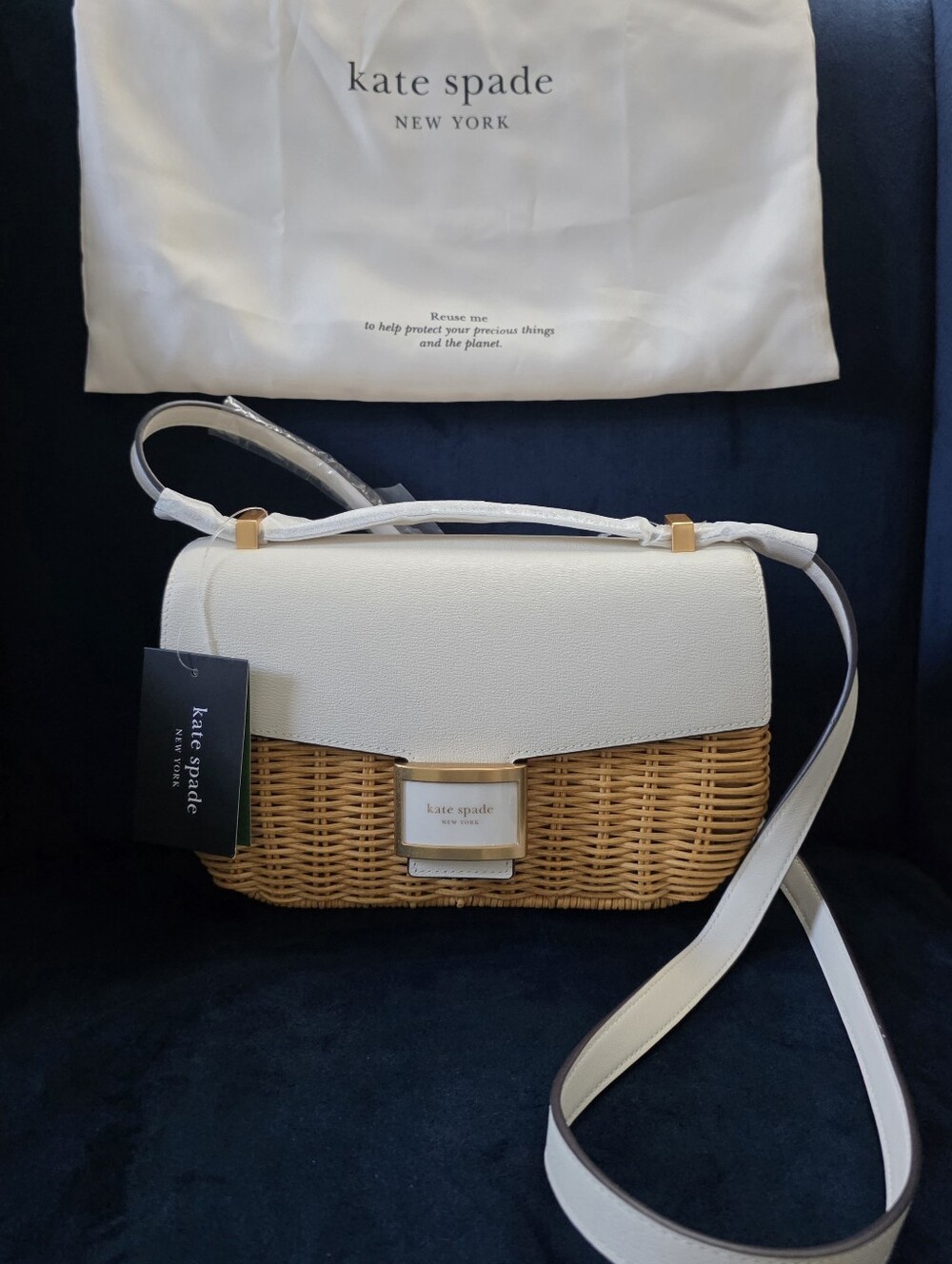 kate spade White and Tan Wicker Crossbody Bag